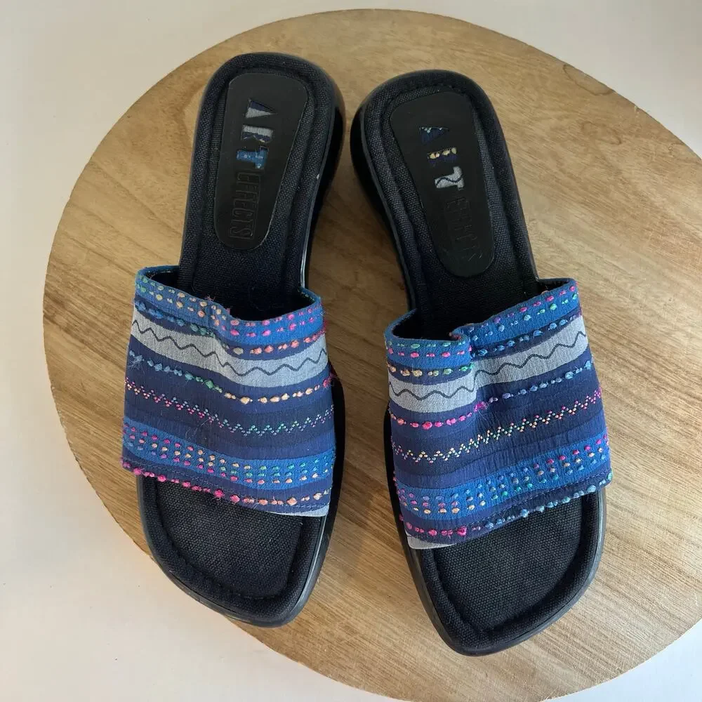 Art Effects Blue Embroidered Square Toe Chunky Slide Sandals Brazil Size 8